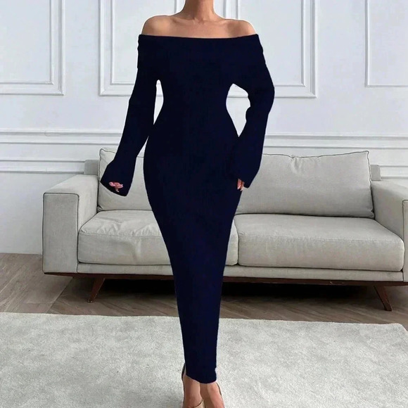 Black Elegant Women's Off Shoulder Sweater Maxi Dress Slim Fit - Picture 3 of 7